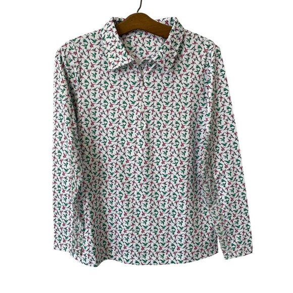 Seabreeze Hummingbird Print Long Sleeve Polo Shirt Size Med Athleisure White NEW - Picture 1 of 7